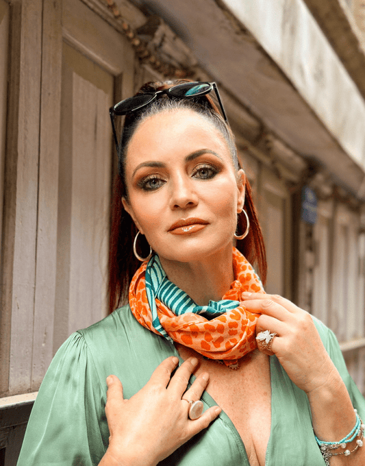 Pack of 2 Roxy & Kelly silk scarves - handmade emerald and orange