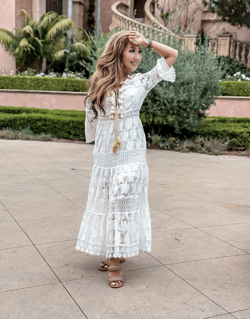 Monaco Long bohemian dress with lace and ruffles, 3/4 sleeves Monaco Long bohemian dress with lace and ruffles, 3/4 sleeves