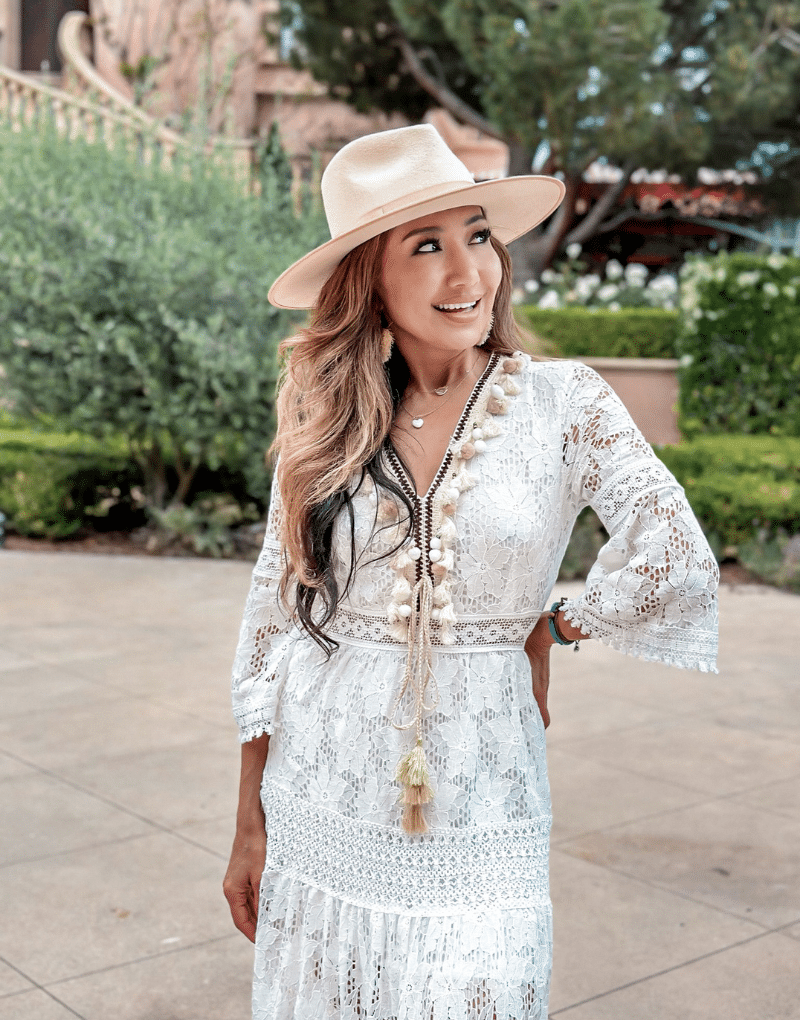 Monaco Long bohemian dress with lace and ruffles, 3/4 sleeves Monaco Long bohemian dress with lace and ruffles, 3/4 sleeves