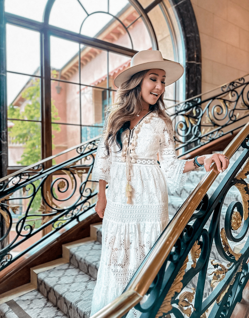 Monaco Long bohemian dress with lace and ruffles, 3/4 sleeves Monaco Long bohemian dress with lace and ruffles, 3/4 sleeves