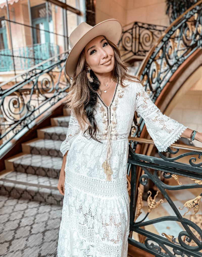 Monaco Long bohemian dress with lace and ruffles, 3/4 sleeves Monaco Long bohemian dress with lace and ruffles, 3/4 sleeves
