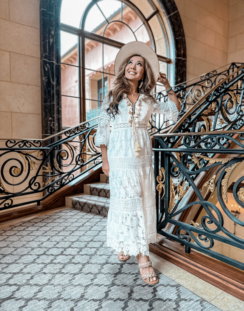 Monaco Long bohemian dress with lace and ruffles, 3/4 sleeves Monaco Long bohemian dress with lace and ruffles, 3/4 sleeves